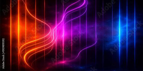Futuristic abstract background featuring glowing blue fractal lines and colorful light waves in a motion design pattern over a black textured space backdrop