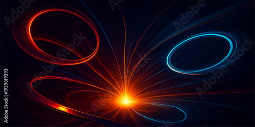 Futuristic abstract background featuring glowing circular light waves and fractal energy motions in a fiery red and purple color palette against a dark textured space backdrop