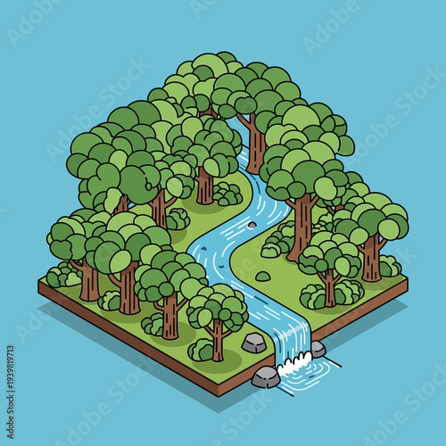 Isometric illustration of a serene forest landscape with a winding river.