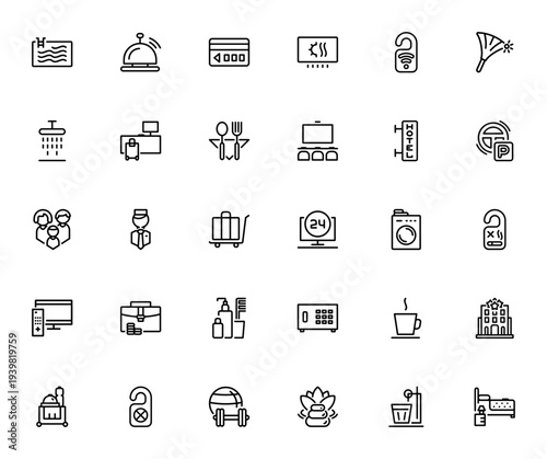Hotel Line Craft_1510 icon set. Vector illustration featuring Swimming Pool, Reception Bell, Room Key, Wifi, Restaurant, Parking, Spa, Bar and more hospitality symbols. Editable stroke.
