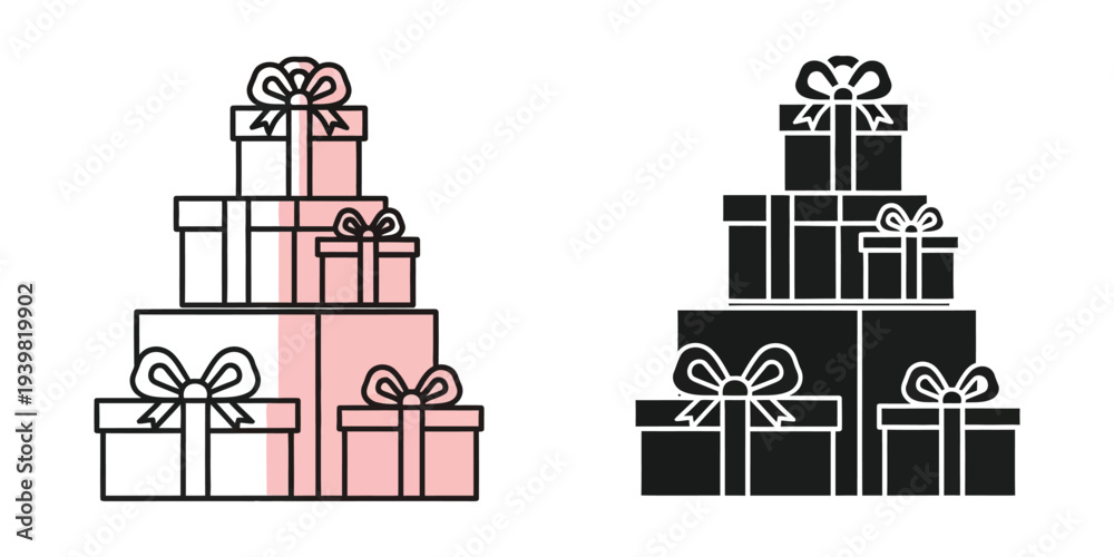 Fototapeta premium Stacked gift boxes in pink and black, vector illustration, flat design