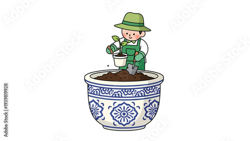 Cartoon gardener planting a seedling in a decorative blue and white pot. Gardening, growth, and nature illustration.