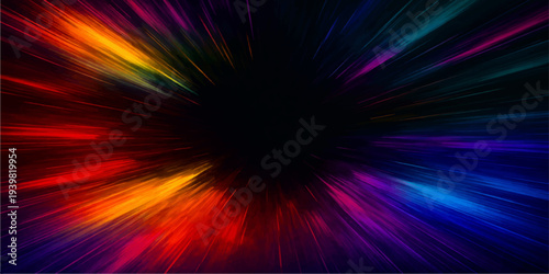 Vibrant abstract fractal background featuring a colorful motion design with red and orange light rays in a digital space explosion pattern