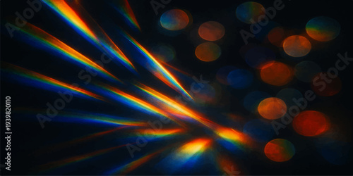 An abstract colorful lights background features a bright rainbow wave of motion and glowing energy lines, creating a high-technology wallpaper design with a textured night sky backdrop