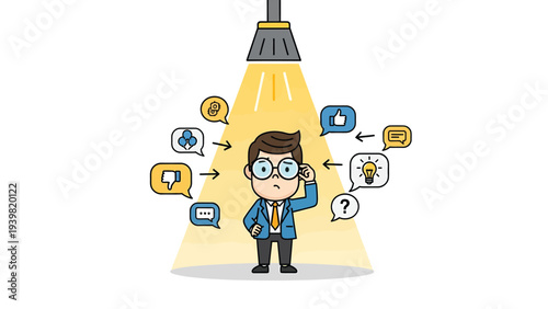 Businessman under spotlight surrounded by decision, idea, and feedback icons. Problem-solving and brainstorming concept.