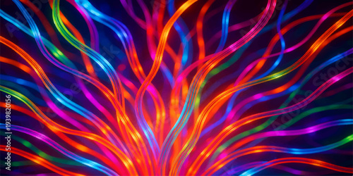 An abstract digital art illustration featuring a psychedelic rainbow of colorful neon waves and fractal flame patterns swirling through a textured motion background of red and orange smoke