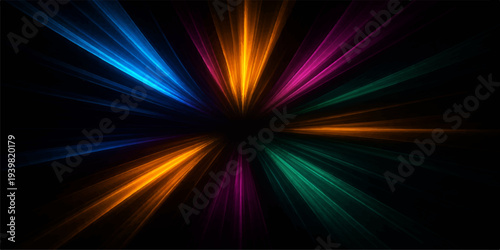 An abstract colorful background of blue fractal patterns features a bright star explosion and glowing laser rays with a motion energy burst in this disco art wallpaper design