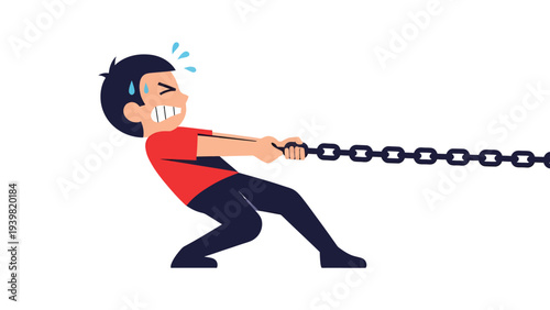 Cartoon man pulling heavy metal chain with great effort and struggle, symbolizing challenge, burden, and determination.