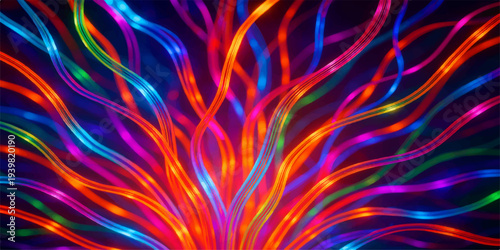 A psychedelic fractal illustration of a colorful abstract background featuring swirling fire flames and rainbow motion curves over a black backdrop