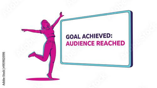 Happy woman celebrates 'Goal Achieved: Audience Reached' on screen, symbolizing marketing success & business accomplishment.