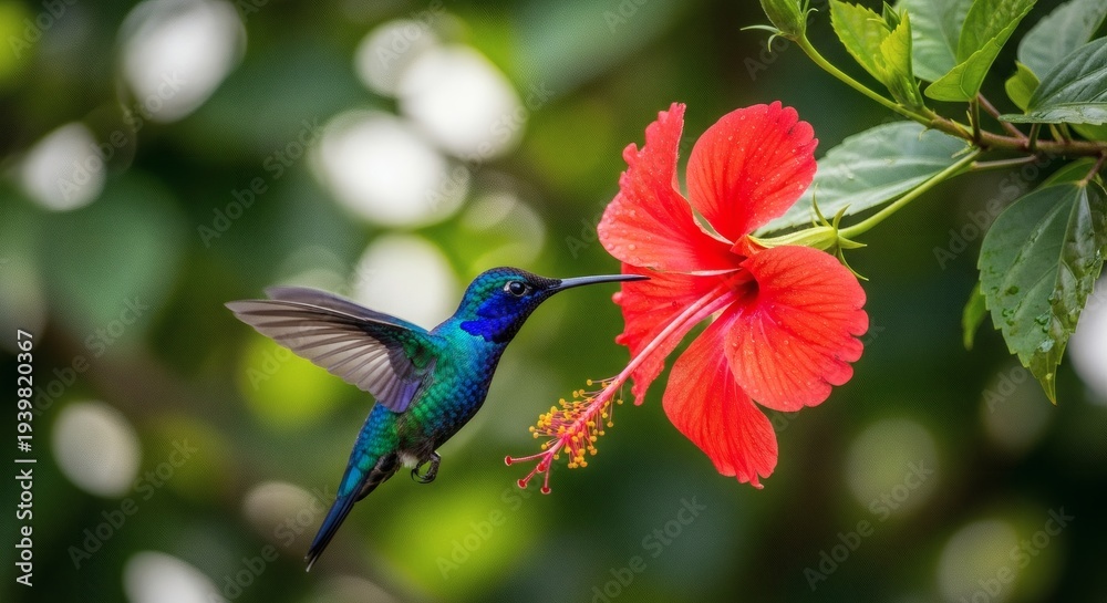 Obraz premium Vibrant blue hummingbird feeding from a bright red hibiscus flower in lush greenery