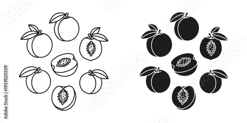 Peaches vector illustration, black and white flat design fruit icons