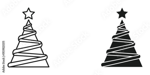 Black and white Christmas tree vector illustration, flat design, dual color