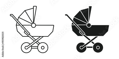 Baby stroller vector illustration, flat design, black and white