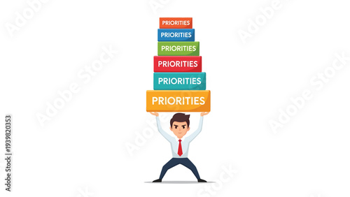 Overwhelmed businessman balancing a tall stack of 'PRIORITIES' blocks. Concept of workload management and stress.