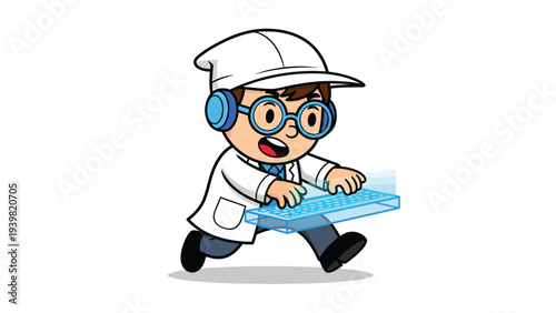 Enthusiastic young scientist cartoon character running and typing on futuristic holographic keyboard, symbolizing tech innovation and learning.