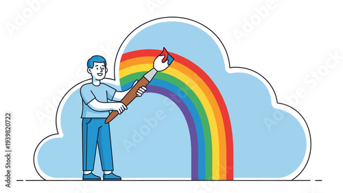 Illustration of person painting a vibrant rainbow inside a cloud outline with a large brush, symbolizing creativity, imagination, and artistic expr...
