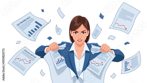 Angry businesswoman tearing business documents, symbolizing stress, frustration, and poor performance.