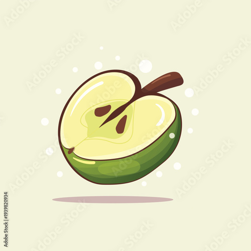 Vector illustration of a green apple cut in half with visible seeds in the center. This simple shiny design represents fresh fruit from nature, suitable for healthy food and natural themes