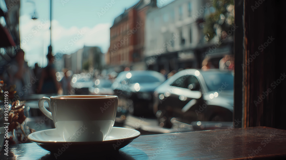 Fototapeta premium Cozy cafe atmosphere featuring fresh coffee on a wooden table with film grain, Generative AI illustrations.