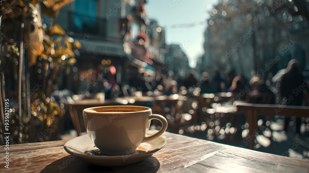 Fototapeta premium Cozy cafe atmosphere featuring fresh coffee on a wooden table with film grain, Generative AI illustrations.