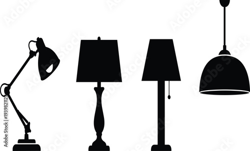 Collection of Four Minimalist Lighting Silhouettes Including Desk, Table, Floor, and Pendant Lamps Isolated on White Background