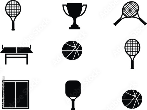Collection of Nine Black Sport Icons Including Tennis Racket Basketball and Trophy Isolated on White Background for Design