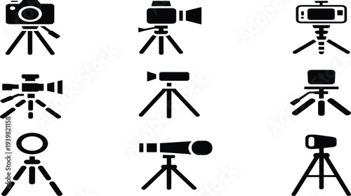 Collection of Nine Minimalist Black and White Video Camera Icons on Tripods for Media Design Projects