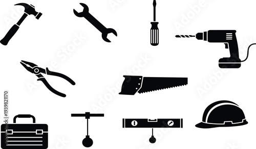 Construction Tools Set Silhouette Vector Illustration for Building and Renovation Design Projects