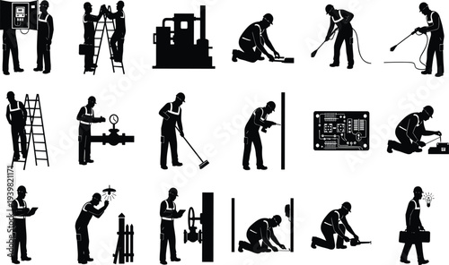 Collection of Worker Silhouettes Performing Maintenance, Cleaning, Welding, and Industrial Tasks Isolated on White Background for Business Design