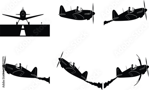 Collection of Six Fighter Jet Silhouettes in Black and White Illustrating Various Military Aviation Action Maneuvers