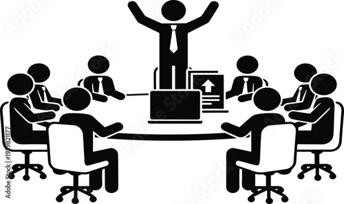 Confident business leader presenting strategy to engaged corporate team sitting around modern office boardroom table with documents and laptops.