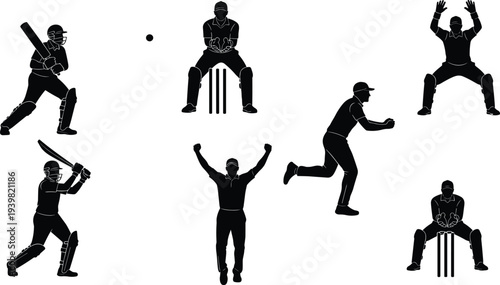 Cricket Sport Silhouettes Collection Featuring Batsman Bowler Wickets and Umpire Actions Isolated on White Background for Design