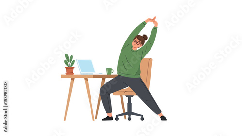 Office worker stretching at desk. Employee doing ergonomic exercises for workplace wellness, healthy posture, and active break. Flat vector.