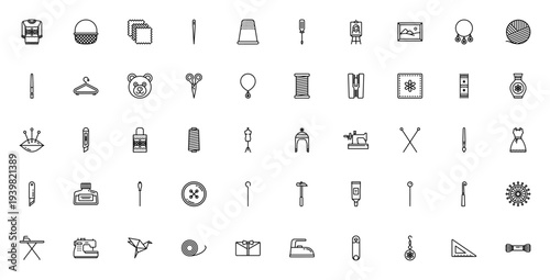Handcraft icon set. Vector craft tool collection. Includes blouse, basket, needle, scissors, sewing machine, yarn, brush, hammer, glue and more. Editable stroke.