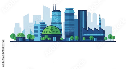 Cityscape illustration featuring modern industrial buildings and green spaces from a frontal viewpoint