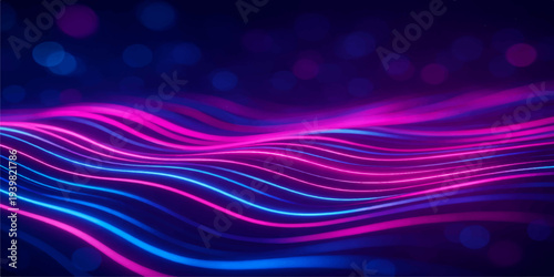 Abstract purple and blue background design featuring glowing digital waves and flowing lines in a colorful motion pattern for an artistic wallpaper backdrop