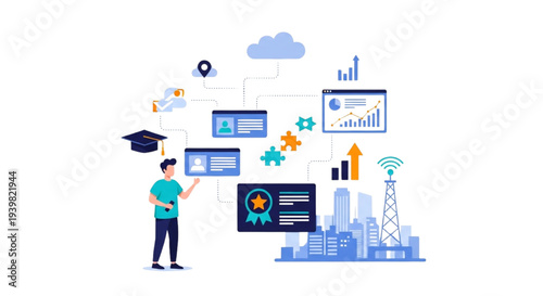 A person in graduation attire interacts with futuristic technology icons and cityscape