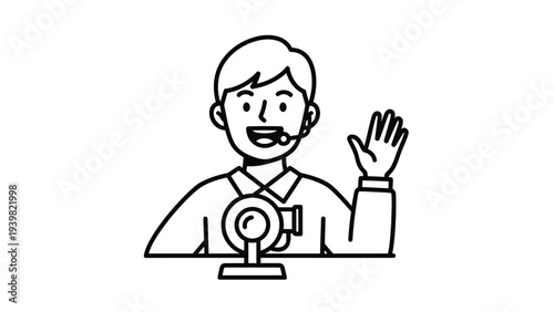 Person with headset & webcam waving, online communication, customer service, video call support, streaming line art
