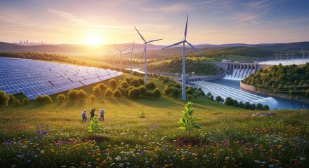 Renewable energy on earth day sustainable future with solar panels and wind turbines