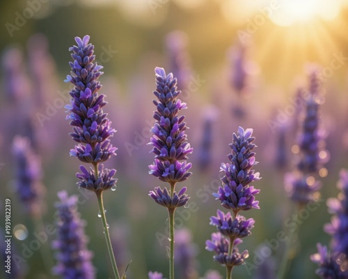 Close-up macro photograph of blooming lavender flowers with soft dreamy bokeh background. Vibrant purple petals captured in natural sunlight with shallow depth of field, creating a calm, relaxing, and