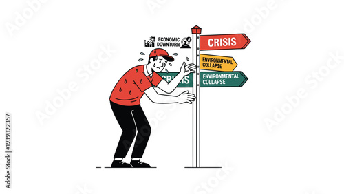 Stressed person at a crisis signpost: environmental and economic collapse. Global challenges and difficult decisions concept.