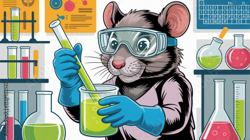 Curious mouse in lab goggles conducts colorful chemistry experiment with test tubes and beakers