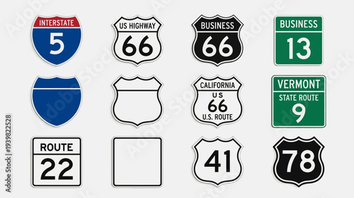 Collection of assorted highway route signs with various designs and numbers.
