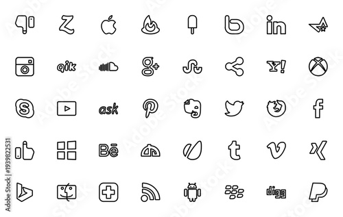 Social Media Logos Icon Set. Vector logos collection including Facebook, Twitter, Instagram, LinkedIn, YouTube, Pinterest, Skype, PayPal and more.