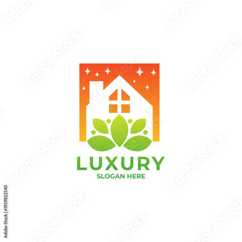 luxury house logo and full of leaves in a box, real estate logo design