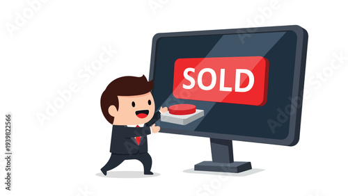 Happy cartoon businessman pressing 'SOLD' button on a display, symbolizing successful transaction or business deal