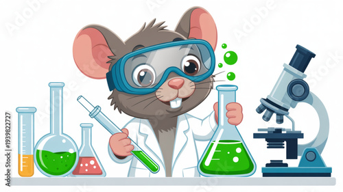 Curious mouse in lab coat and goggles conducts colorful chemistry experiment with beakers and microscope