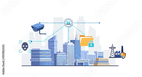 Cityscape illustration showcasing security camera, data connection, and industrial elements in a modern urban landscape from a panoramic viewpoint
