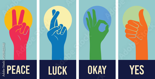 Hand Gestures Set with Peace, Luck, Okay, and Yes Symbols